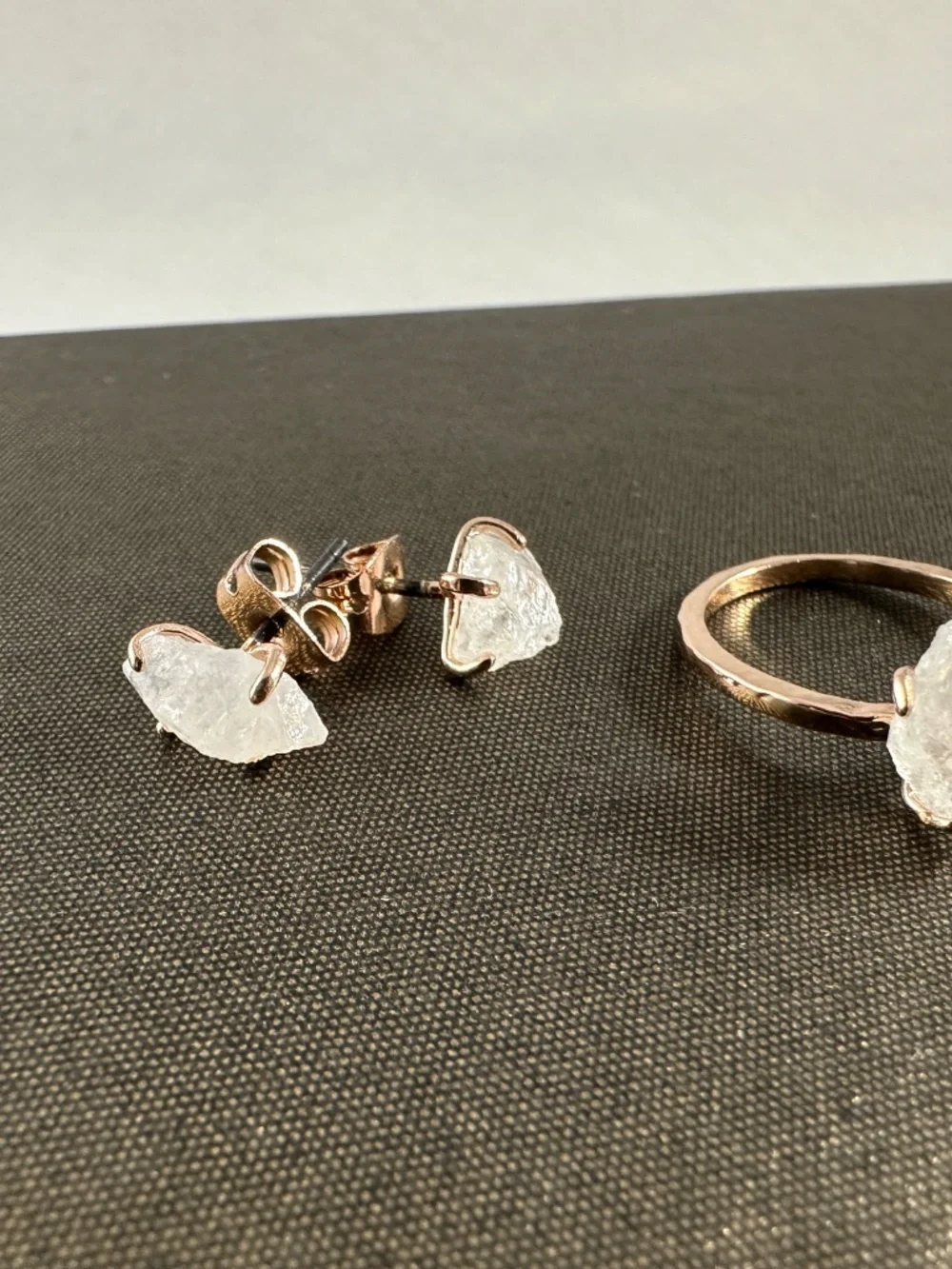 Raw Quartz Crystal Ring and Earring Set Boho Organic Solitaire Studs Rose Gold